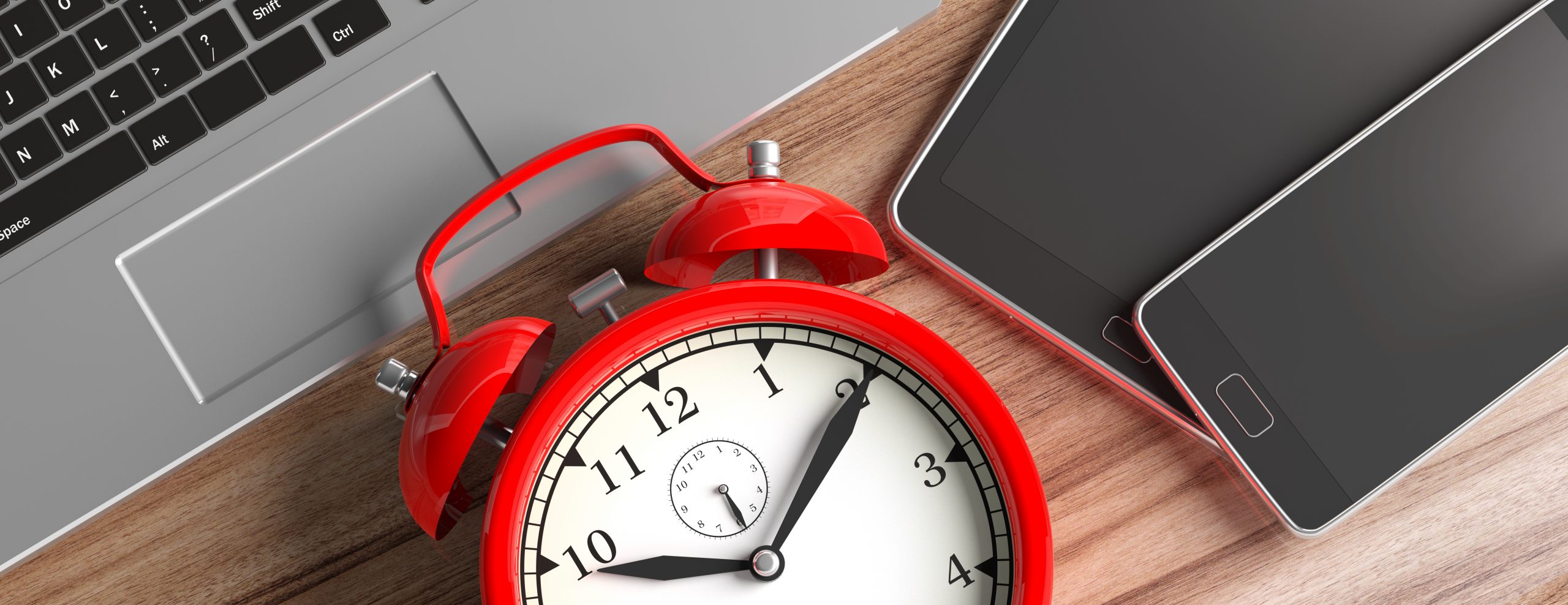 Time management. Devices and alarm clock on wood, banner, close up top view. 3d illustration