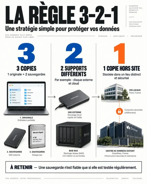 Infographie expliquant la règle de sauvegarde 3-2-1 pour la sauvegarde de données en ligne