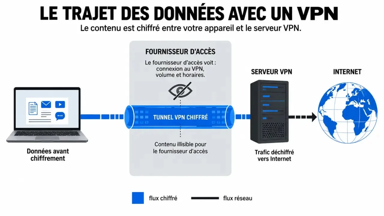 Schéma explicatif du fonctionnement d'une connexion VPN et du tunnel de chiffrement