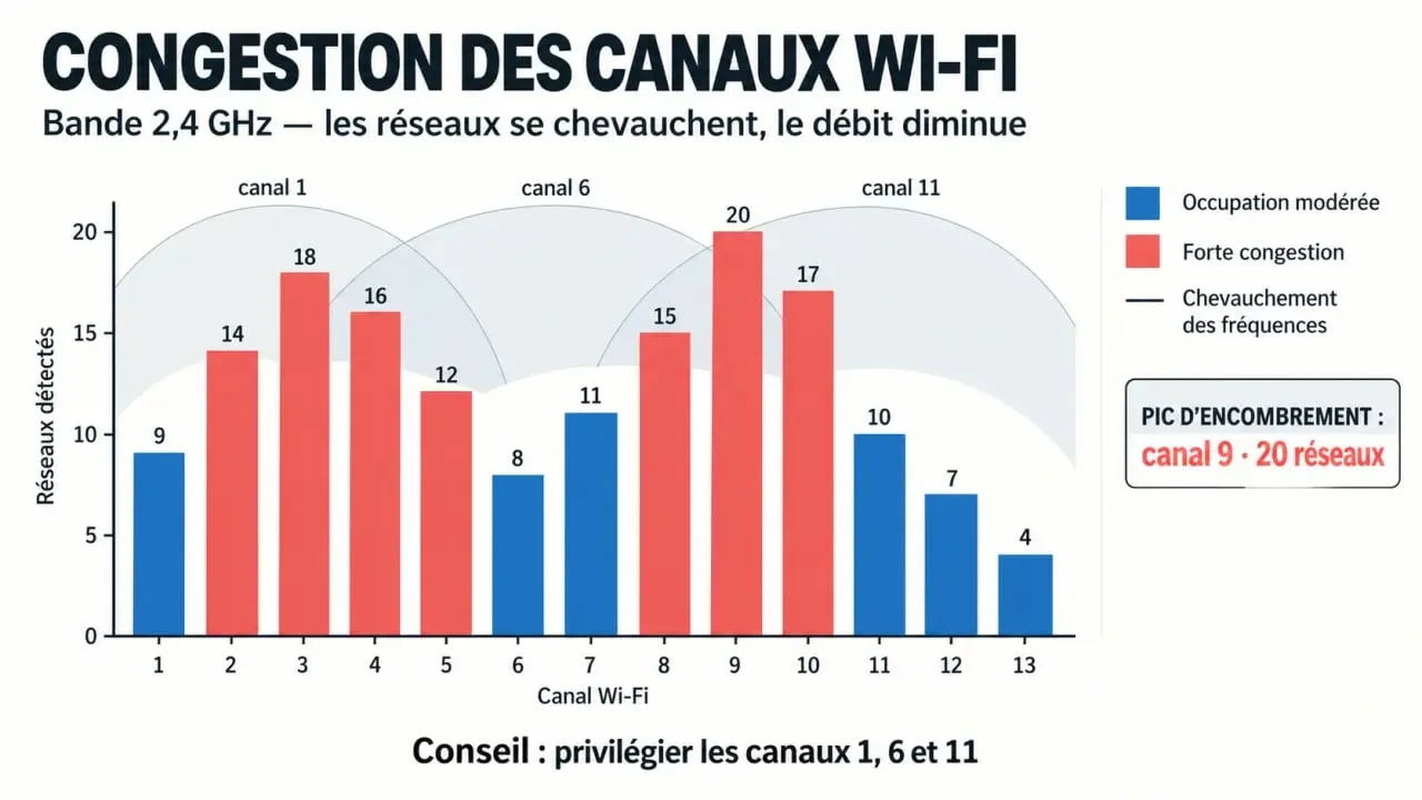 Graphique illustrant la saturation des canaux WiFi pour aider à choisir le meilleur canal