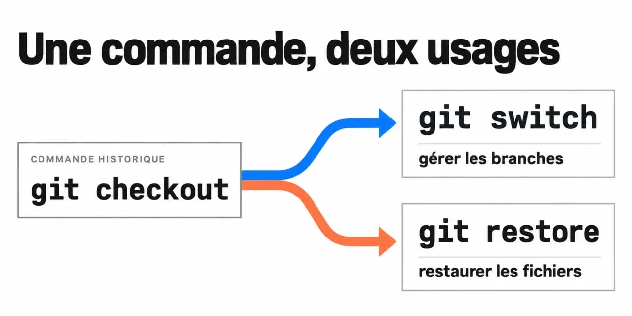 Schéma comparatif git switch vs git checkout montrant la séparation des responsabilités