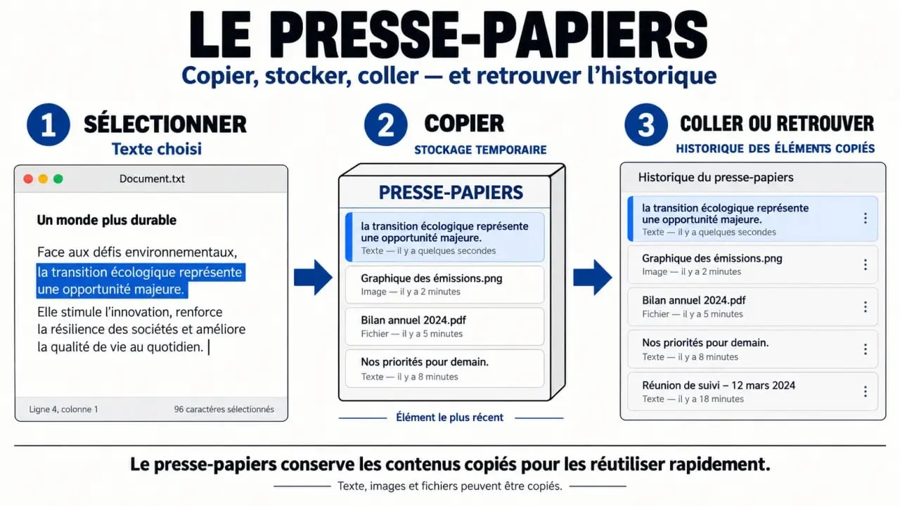 Schéma explicatif du fonctionnement du presse-papiers et de l'historique de copier-coller sur ordinateur