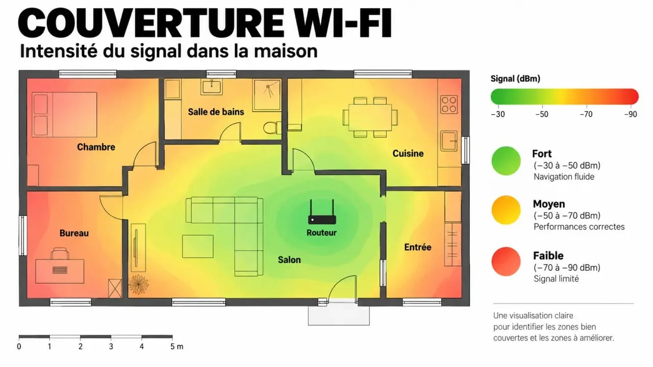Visualisation d'une carte thermique de signal WiFi pour optimiser la portée de votre connexion