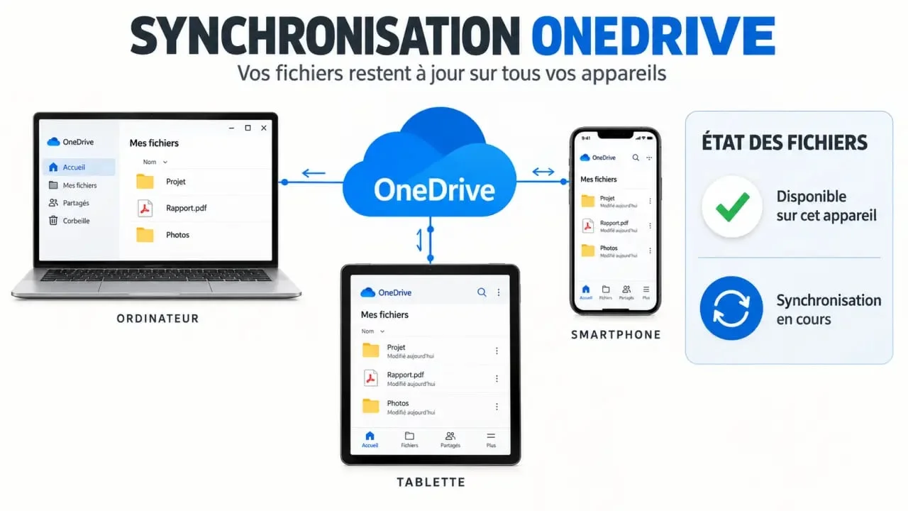 Schéma explicatif du fonctionnement de la synchronisation OneDrive et des icônes de statut