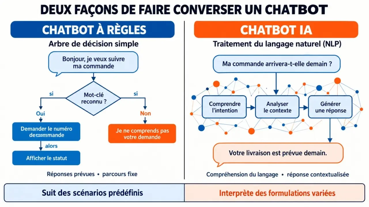 Schéma comparatif entre chatbot à règles et chatbot à intelligence artificielle