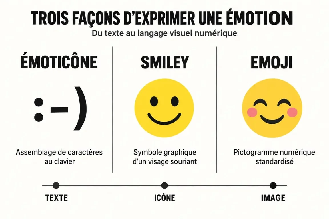 Comparaison visuelle entre émoticône, smiley et emoji pour comprendre leurs différences techniques