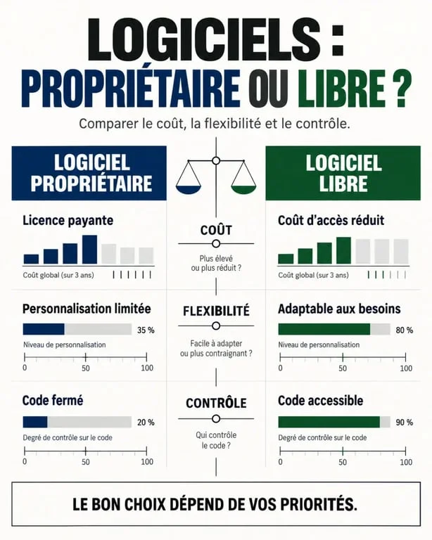 Comparatif visuel entre logiciel propriétaire et open source pour le business software