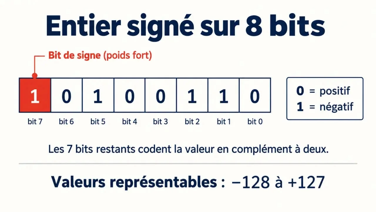 Structure d'un entier signé sur 8 bits avec mise en évidence du bit de signe