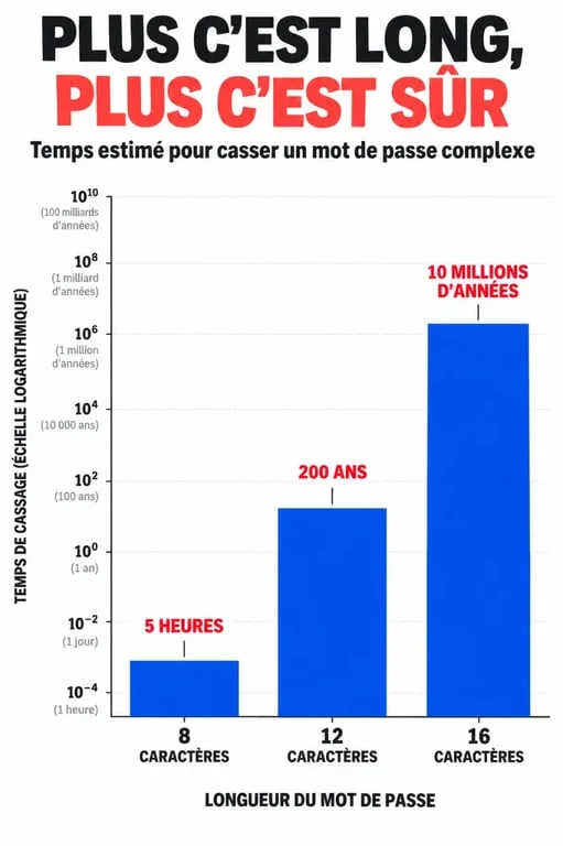 Infographie comparant le temps de craquage d'un mot de passe de 8 caractères par rapport à des mots de passe plus longs pour illustrer la sécurité.