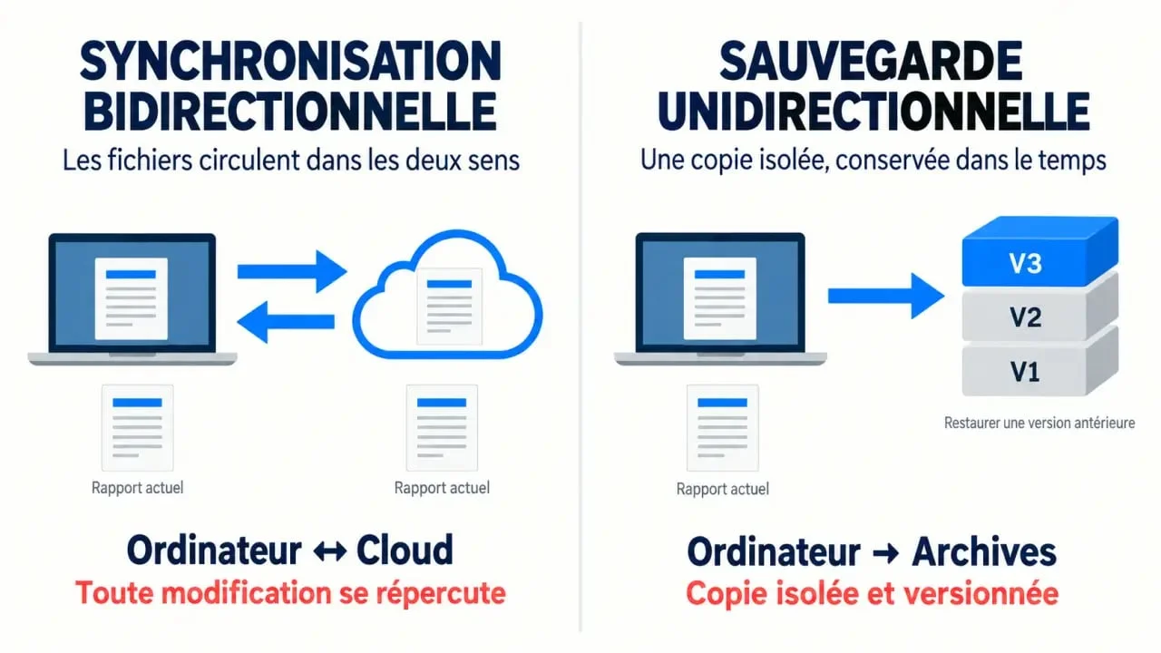 Schéma illustrant la différence entre synchronisation et sauvegarde de données en ligne