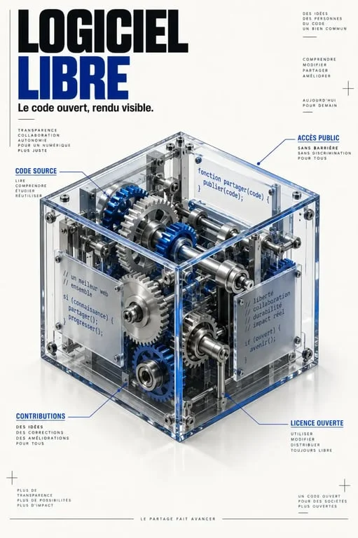 Illustration conceptuelle du logiciel open source et de la transparence du code.