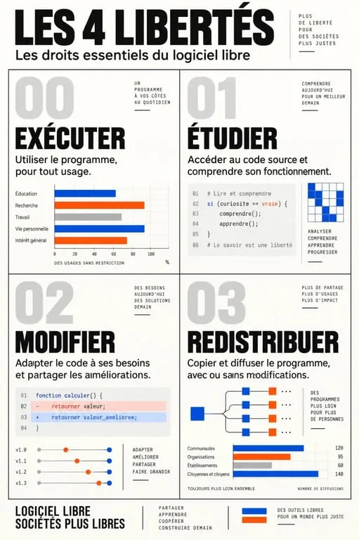 Infographie des quatre libertés fondamentales du logiciel open source.