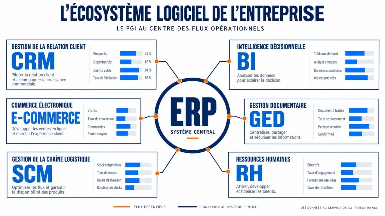Schéma illustrant l'écosystème des logiciels de gestion d'entreprise et l'interconnexion entre ERP, CRM et outils métiers
