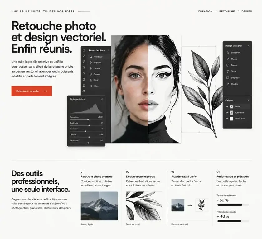 Interface de la suite Affinity montrant les outils de design et retouche photo