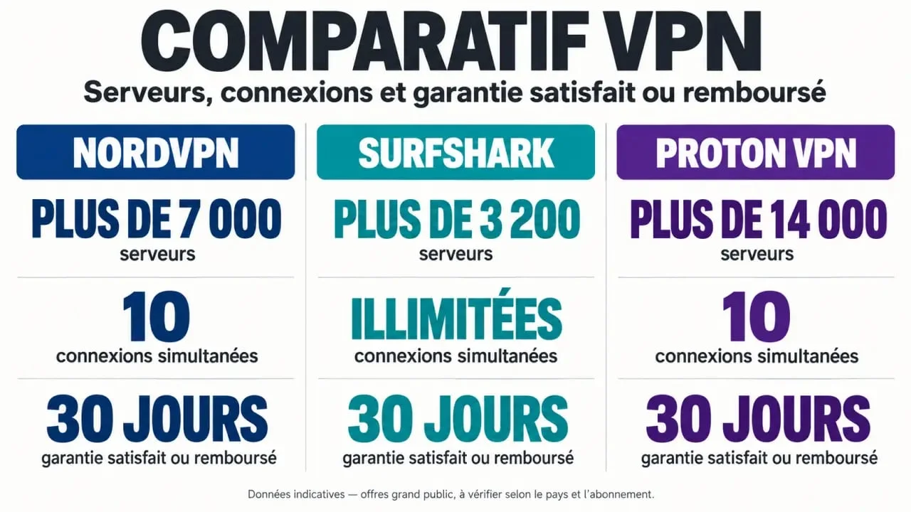 Tableau comparatif des meilleurs VPN pour iPhone : NordVPN, Surfshark et ProtonVPN