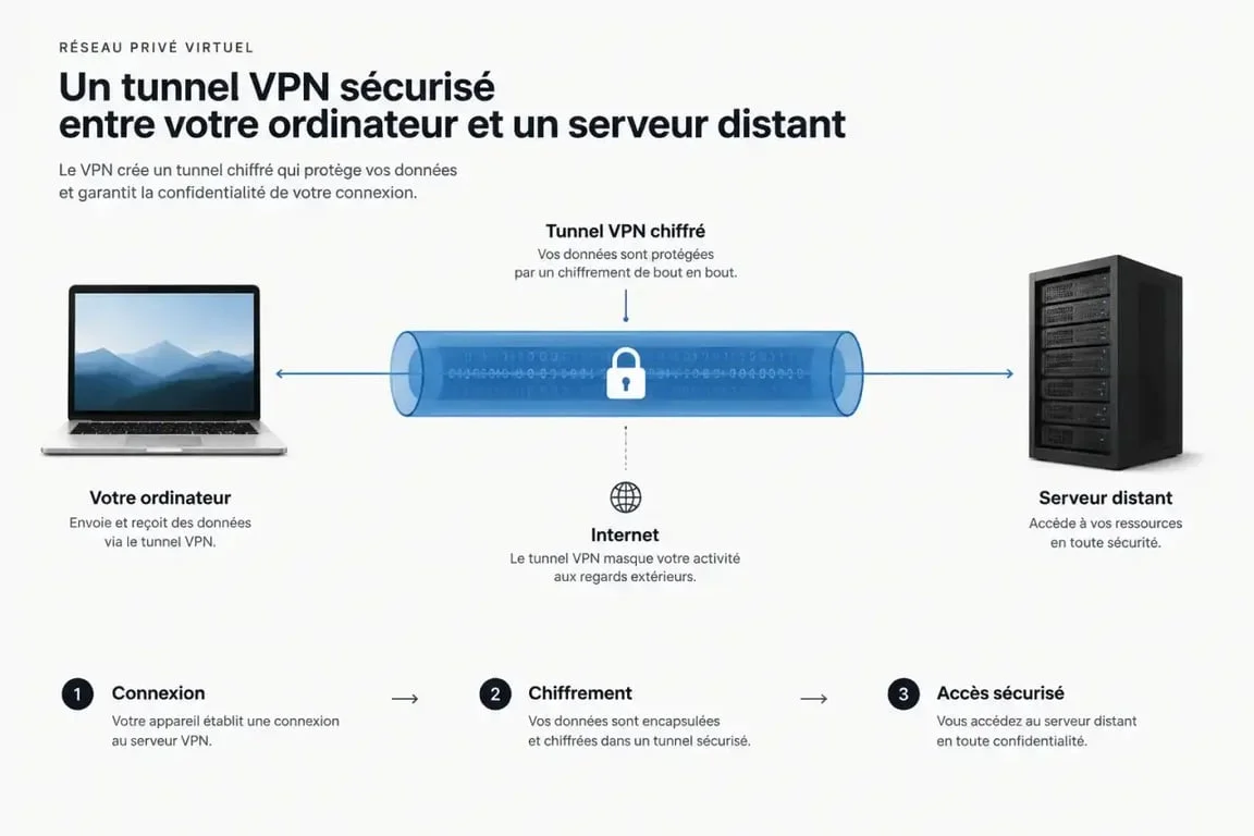 Schéma explicatif du fonctionnement d'un VPN et du tunnel de chiffrement