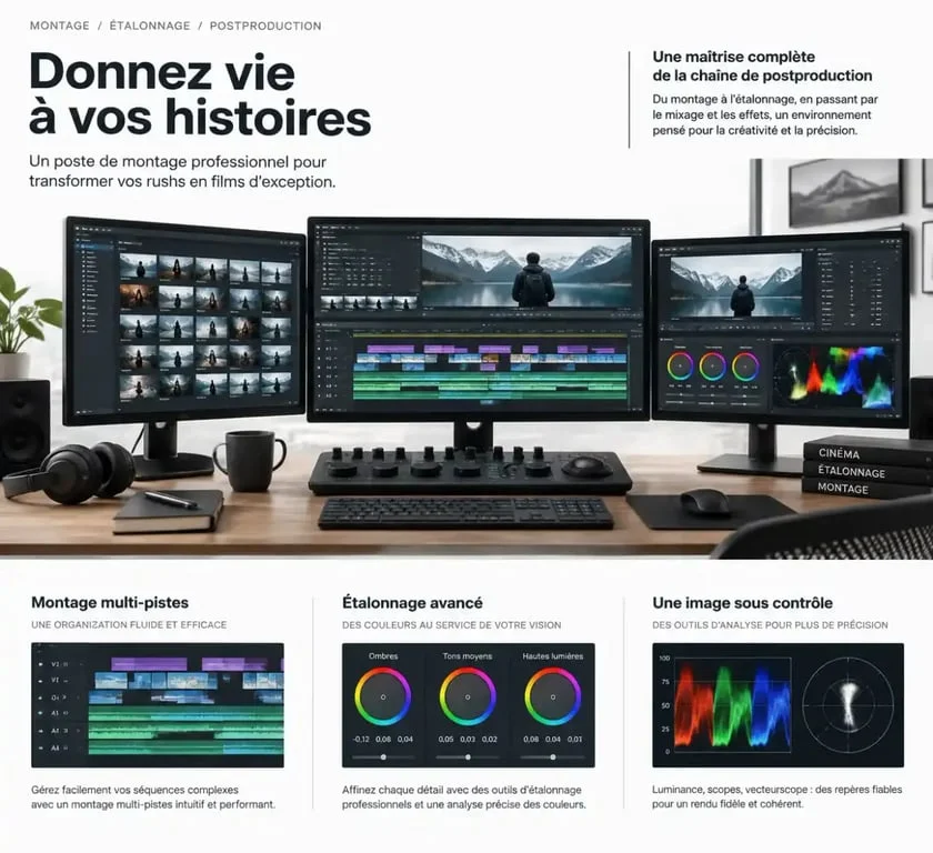 Interface de logiciel de montage vidéo professionnel avec timeline complexe