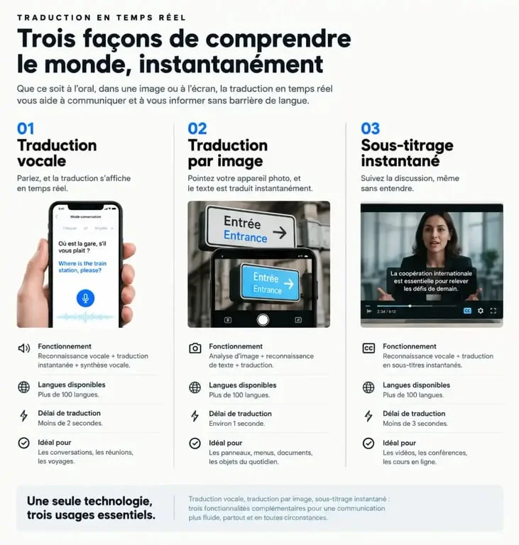 Infographie comparative des fonctionnalités d'un traducteur en temps réel pour la communication multilingue