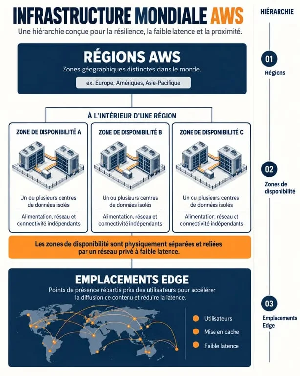 Schéma de l'infrastructure mondiale AWS cloud tech avec régions et zones de disponibilité