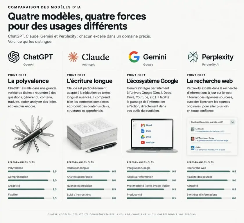 Infographie comparative des meilleures intelligences artificielles : ChatGPT, Claude, Gemini et Perplexity pour choisir la meilleure intelligence artificielle selon vos besoins.