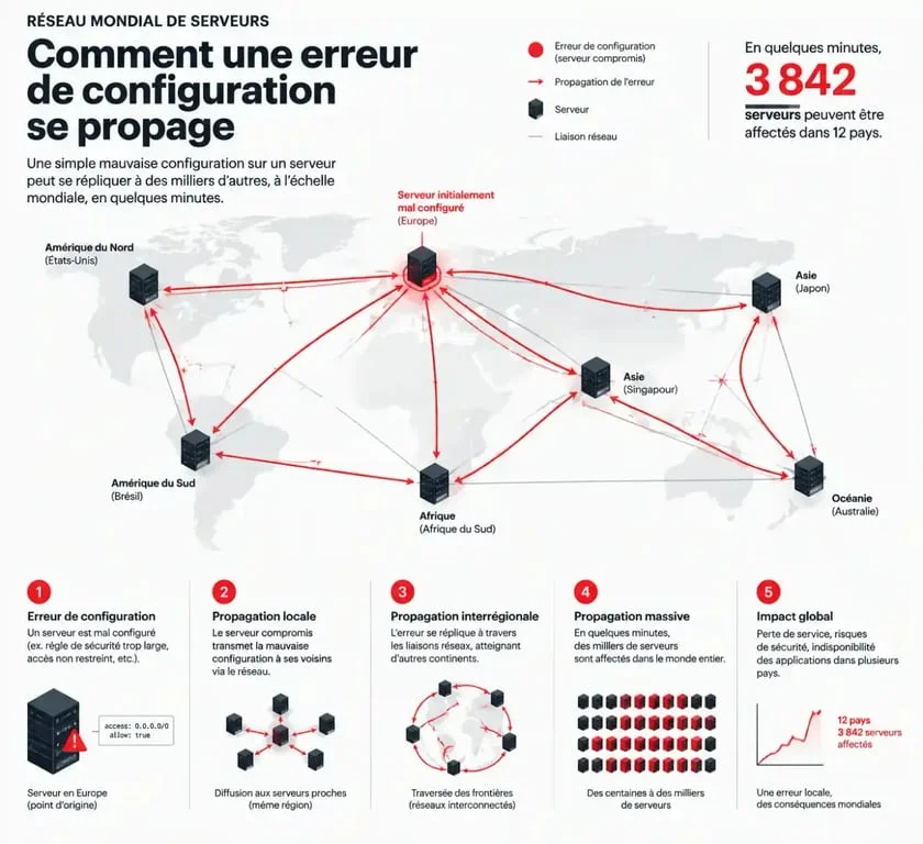 Schéma de propagation de l'incident Cloudflare sur le réseau mondial