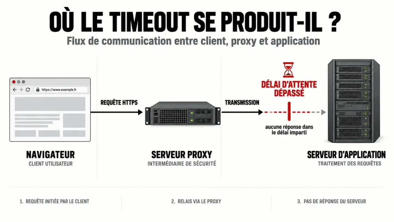 Schéma explicatif du fonctionnement d'une erreur 504 Gateway Timeout dans une architecture web