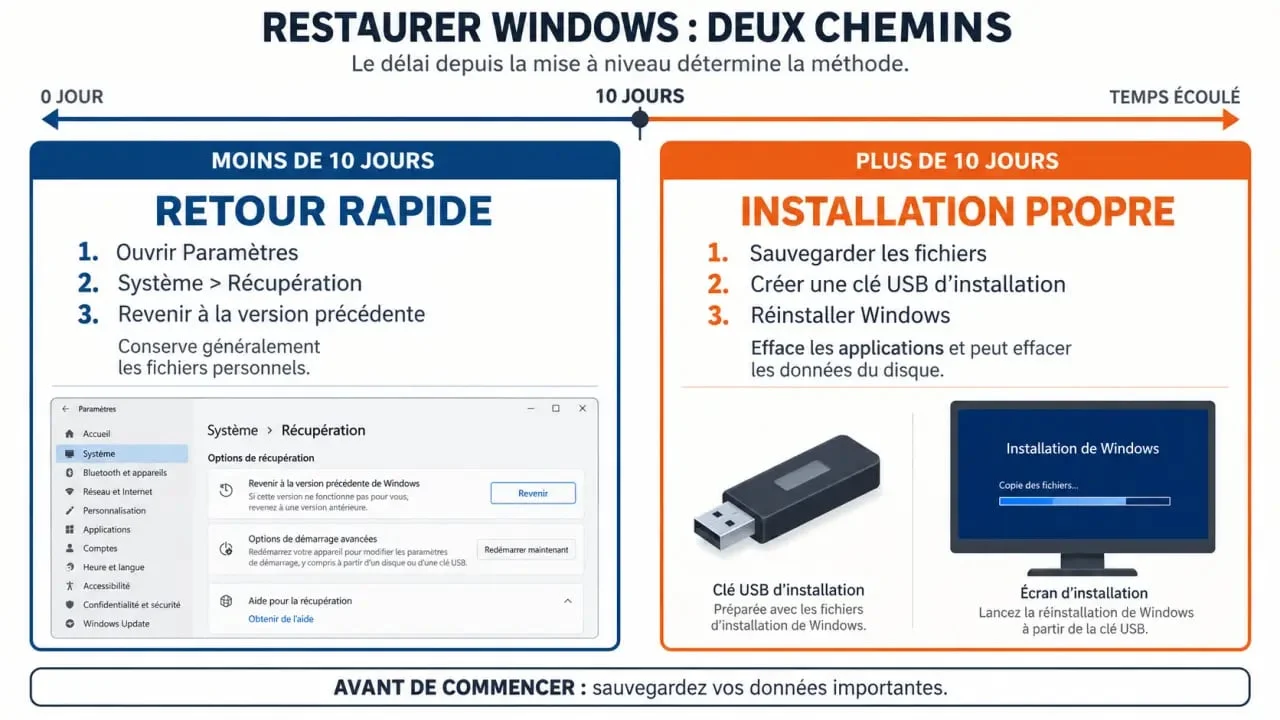 Schéma comparatif des méthodes pour revenir à Windows 10