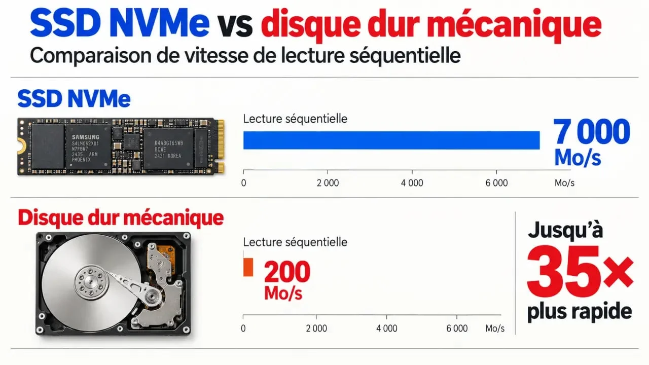 Différence de vitesse de transfert entre SSD NVMe et disque dur HDD
