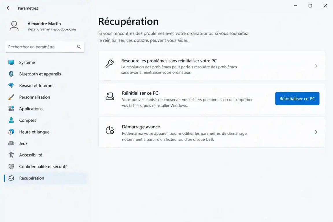 Menu de réinitialisation Windows pour réinitialiser un ordinateur portable