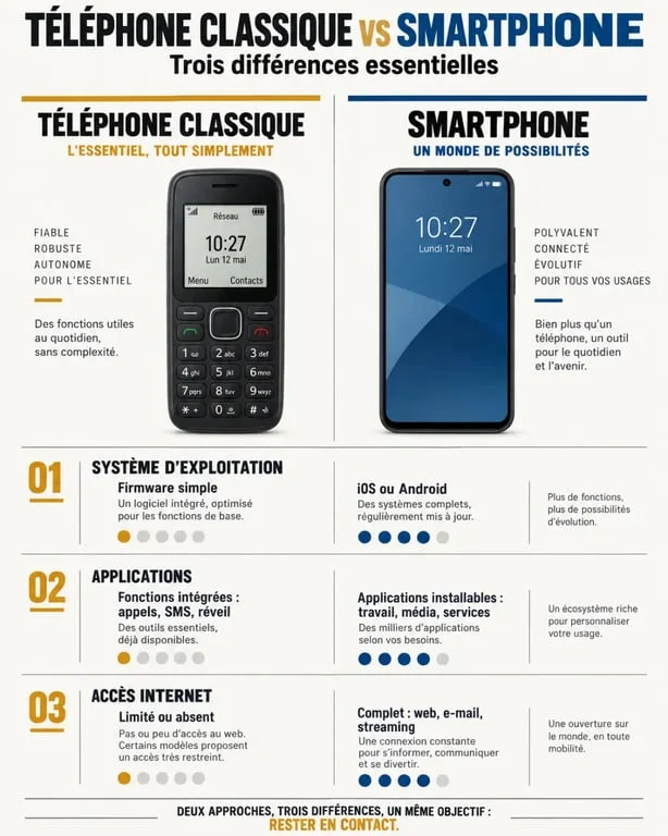 Infographie comparative entre un téléphone classique et un smartphone définition