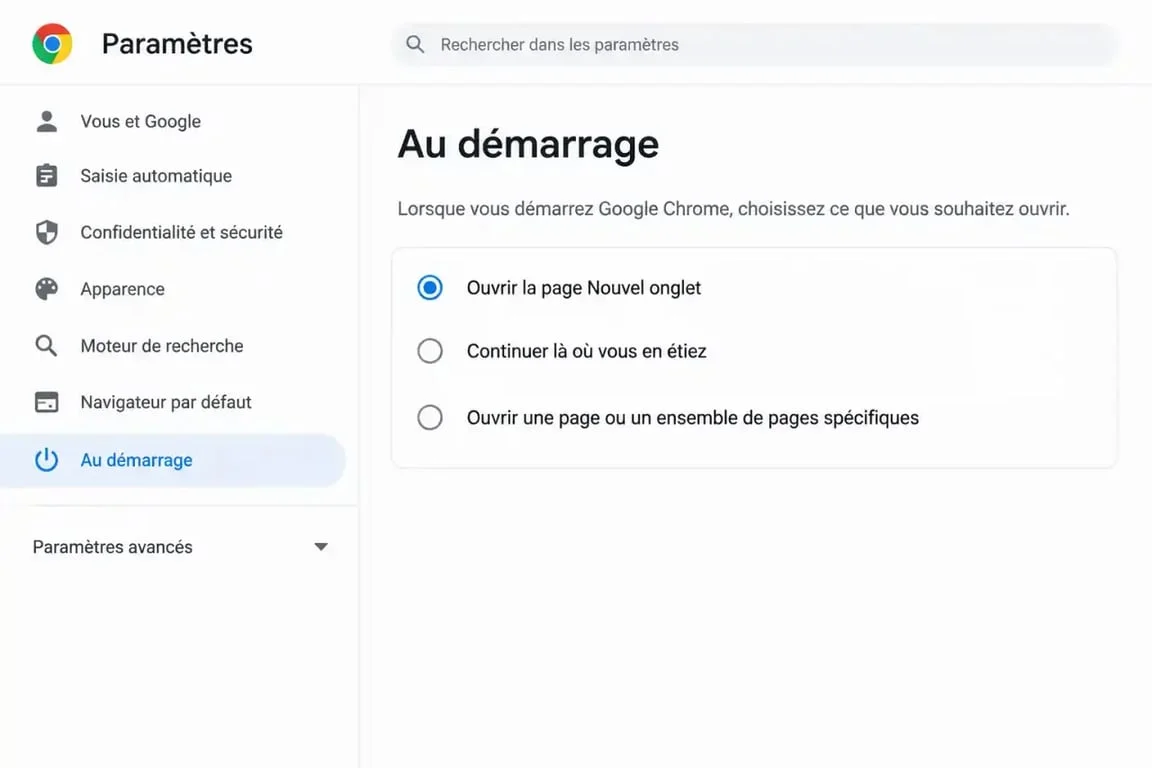 Interface des paramètres de la page de démarrage de Google Chrome