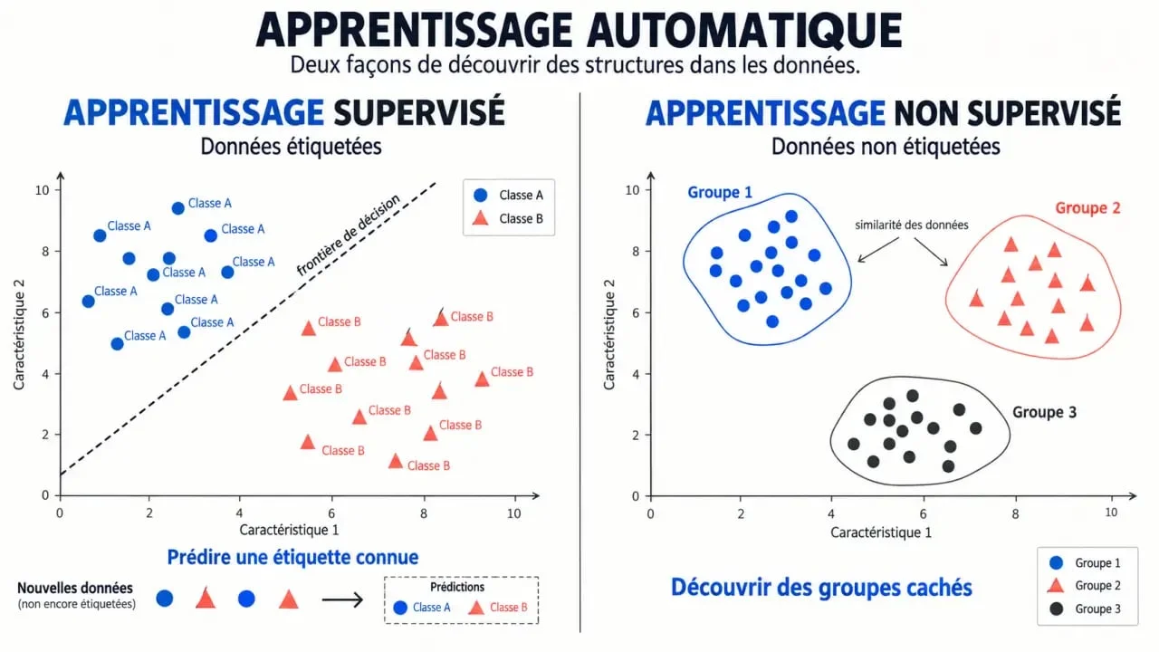 Comparaison visuelle entre apprentissage supervisé et apprentissage non supervisé en reconnaissance de formes