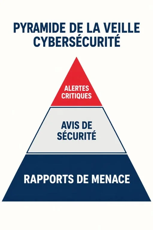 Pyramide de la veille cybersécurité news : alertes, avis et rapports