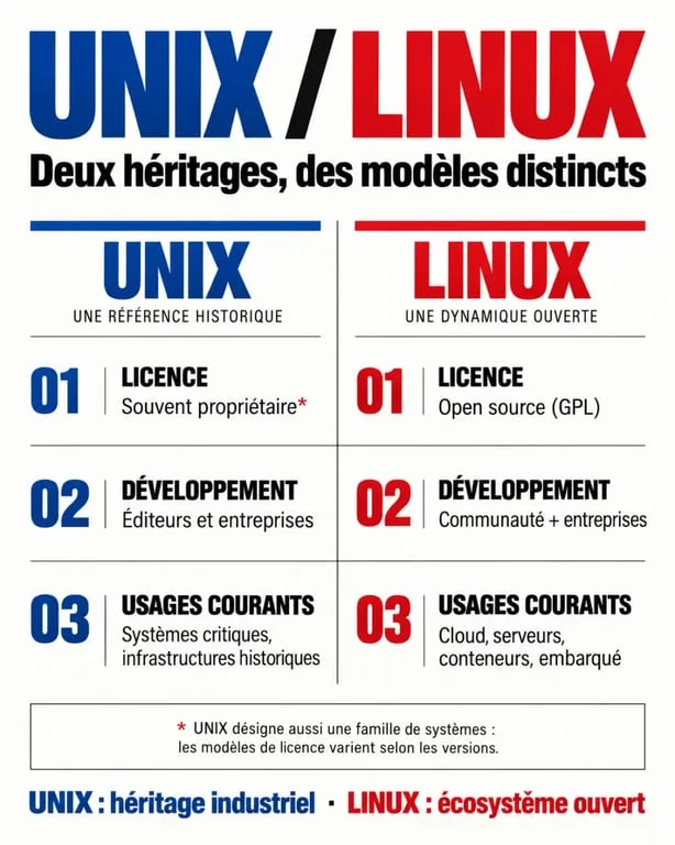 Infographie comparative Unix vs Linux : différences de licence et d'usage