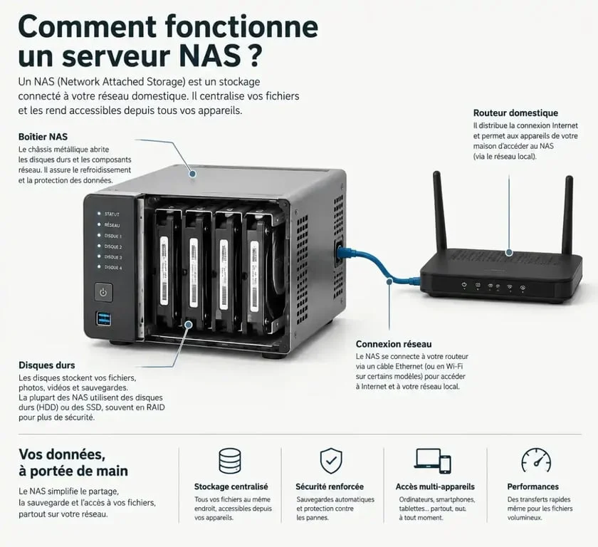 Schéma de fonctionnement d'un serveur NAS connecté au réseau domestique