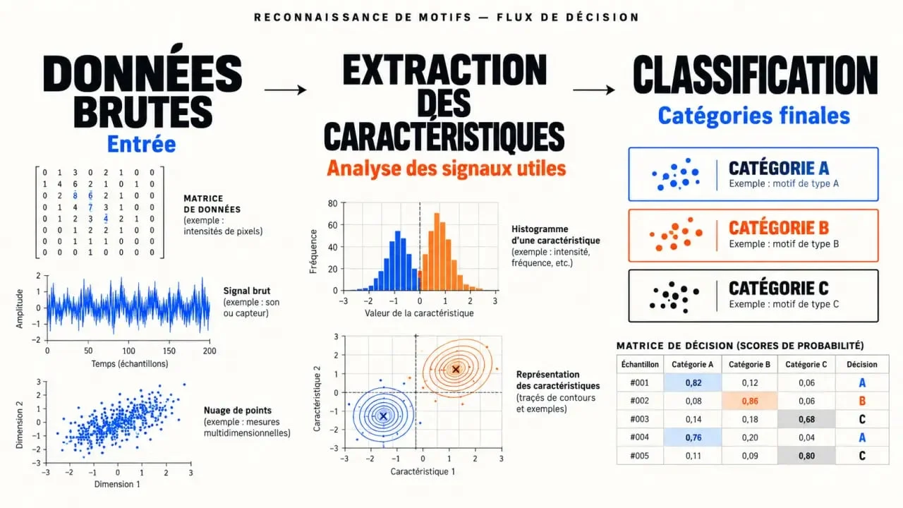 Schéma du processus de reconnaissance de formes : de la donnée brute à la classification