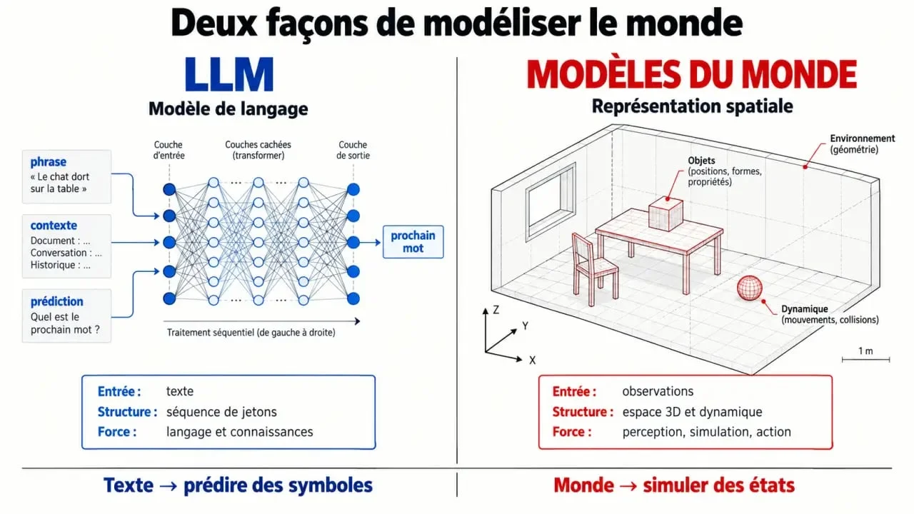 Schéma comparatif entre les LLM et les World Models d'AMI Labs pour comprendre la startup de Yann LeCun